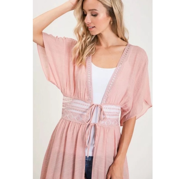 CLEARANCE Blush Boho Crochet Short Sleeve Kimono Duster - Picture 4 of 6
